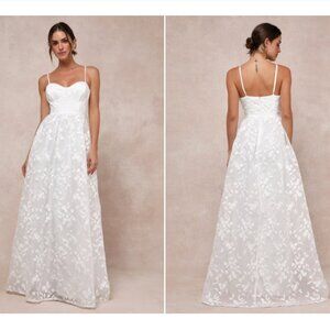 Lulu's Ethereal Perfection White Organza Embroidered Bustier Maxi Dress - Size L